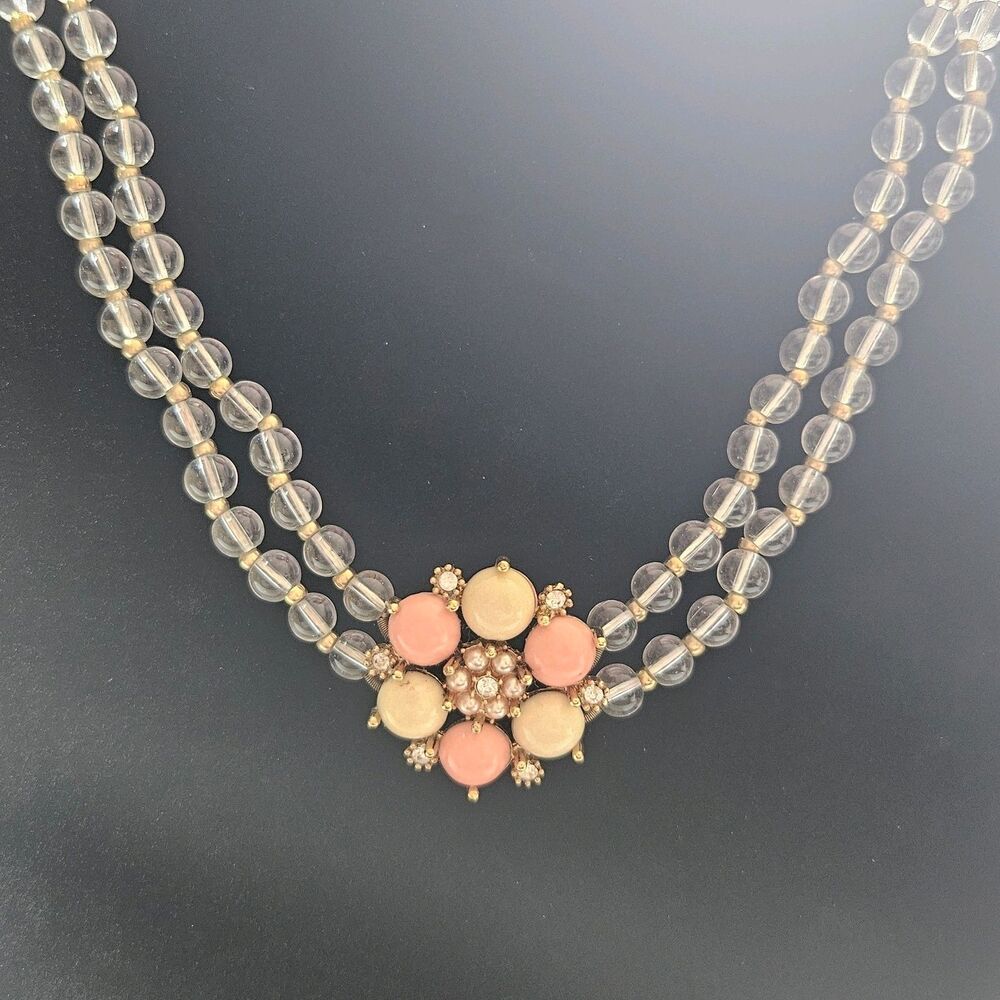 Signed J Crew Gold Tone Glass Bead Rhinestone Necklace 26”